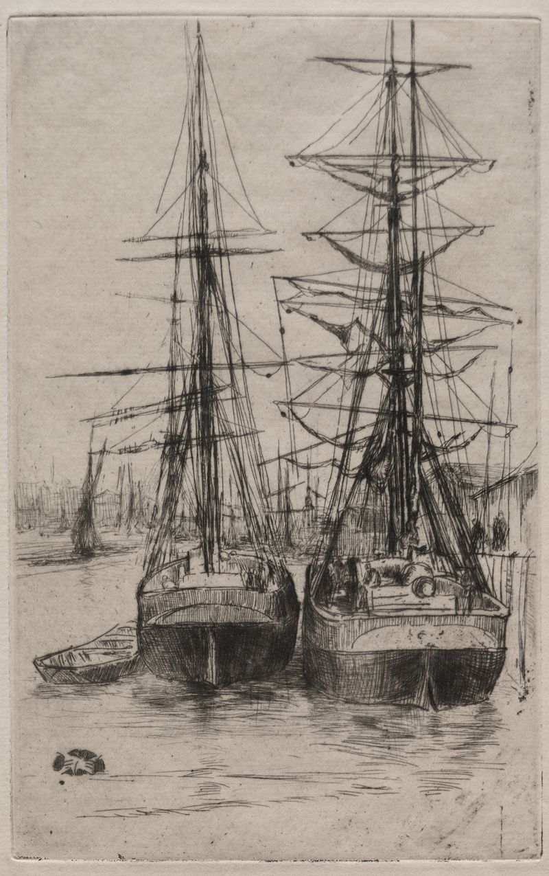 Dos barcos emergen de la niebla en una pintura al óleo de James Abbott McNeill Whistler