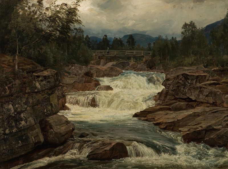Hornindalsfossen, Nordfjord de Amaldus Nielsen, pintura al óleo que representa una cascada en un paisaje