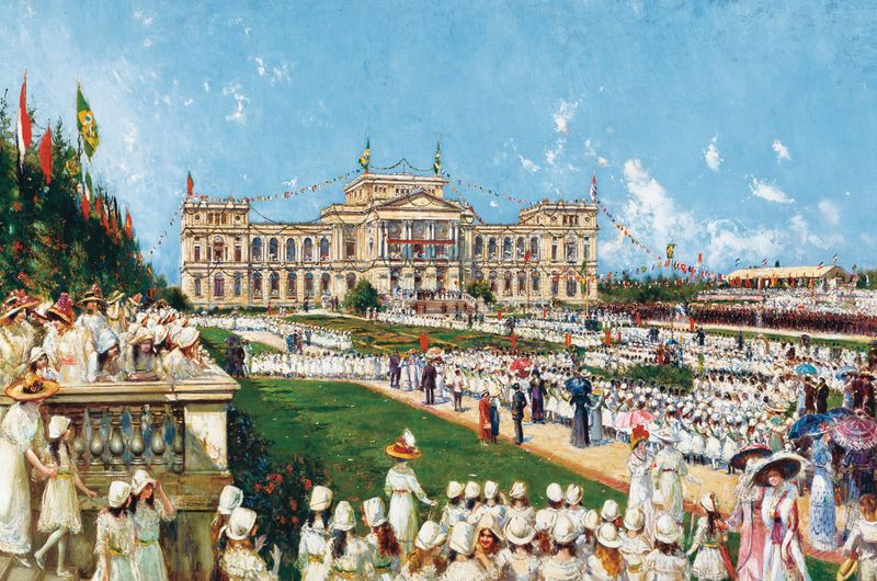 'Festival Escolar em Ipiranga', óleo sobre tela de Agustín Salinas y Teruel, retratando uma cena festiva animada.