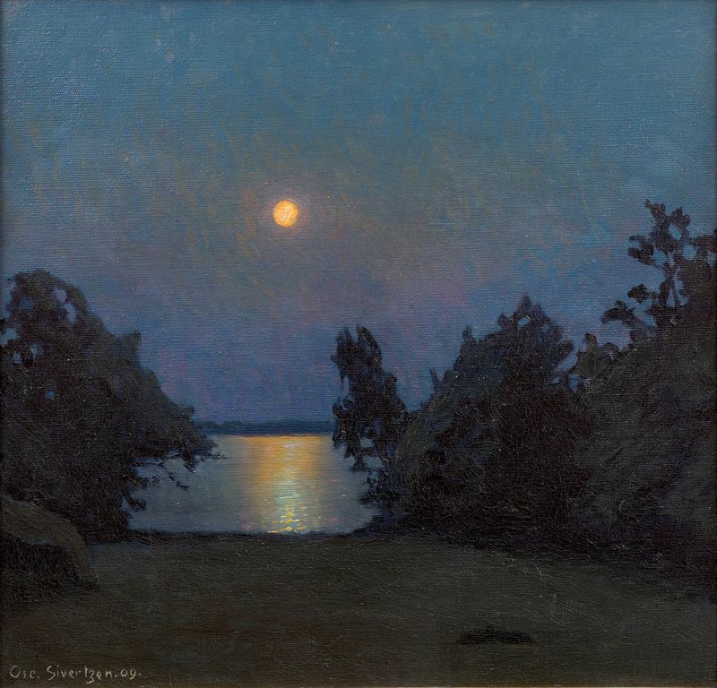 Cena marinha representando um fiorde iluminado pela lua de Oscar Sivertzen, pintura a óleo