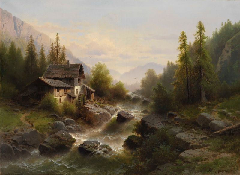Paisaje con molino de agua en Berner Oberland, óleo sobre lienzo de Albert Rieger