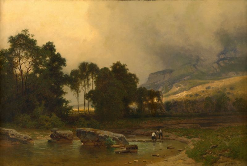 Landscape in Savoye de Joseph Quinaux, óleo sobre lienzo que representa un horizonte sereno con vegetación y cielo.