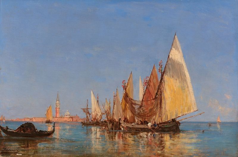 Escena marina de la laguna veneciana al amanecer, pintura al óleo de Félix Ziem