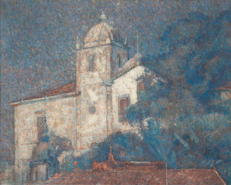Igreja de Santa Teresa, óleo sobre tela de Eliseu Visconti, apresentando detalhes arquitetônicos intrincados.
