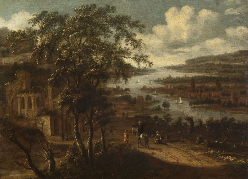 Landscape de Dionijs Verburg, pintura al óleo que representa colinas y cielos suaves.