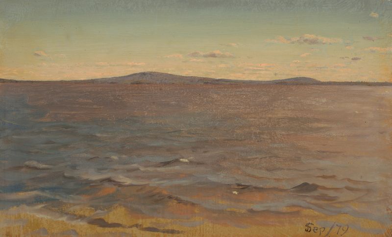Maine, Lake Katahdin de Frederic Edwin Church, pintura al óleo que muestra un sereno paisaje de lago y montaña.