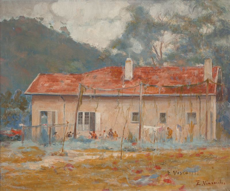 Paisagem luminosa com uma casa rústica, óleo sobre tela de Eliseu Visconti