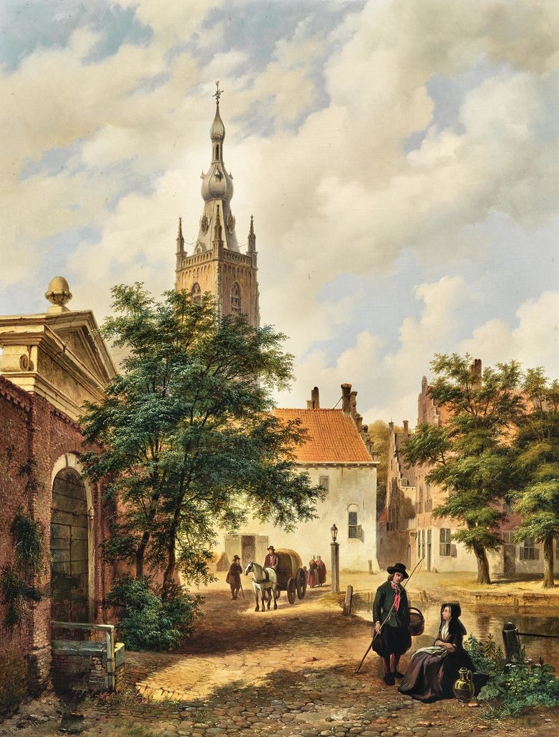 Paisaje de un pueblo con una iglesia de Bartholomeus Johannes van Hove, pintura al óleo
