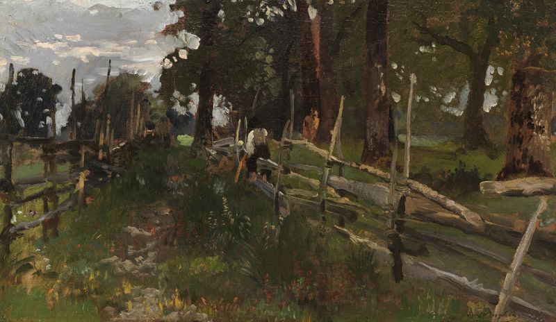 Figurative oil painting by Josef Wenglein depicting a boy sitting on a gate.