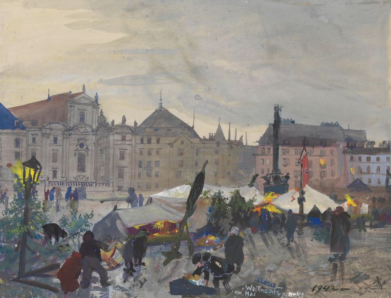 Pintura a óleo de Oskar Laske retratando um mercado de Natal com lanternas e ruas de paralelepípedos.