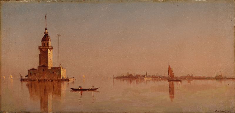 Leander’s Tower, óleo sobre tela de Sanford Robinson Gifford, iluminado por luz suave contra nuvens