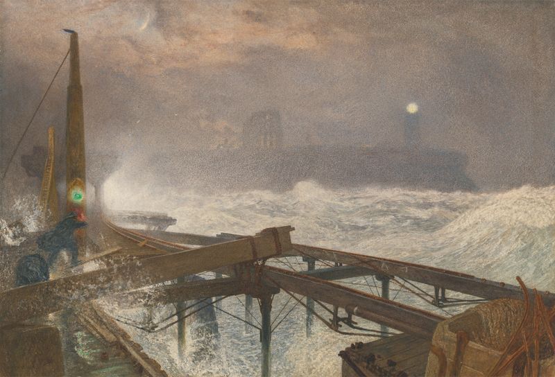 Oil painting by Alfred William Hunt depicting Tynemouth Pier at dusk
