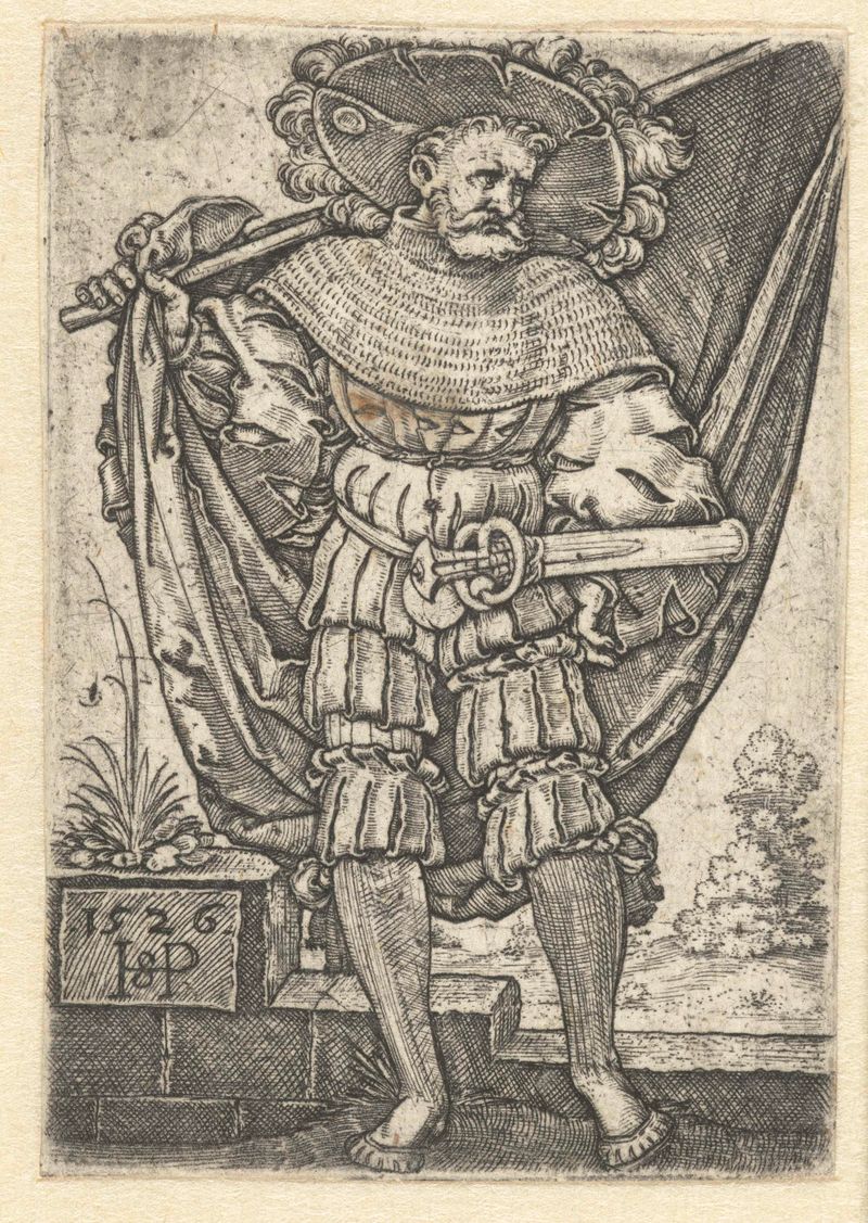 Grabado Vaandeldrager de Hans Sebald Beham que representa a un solemne portador de bandera