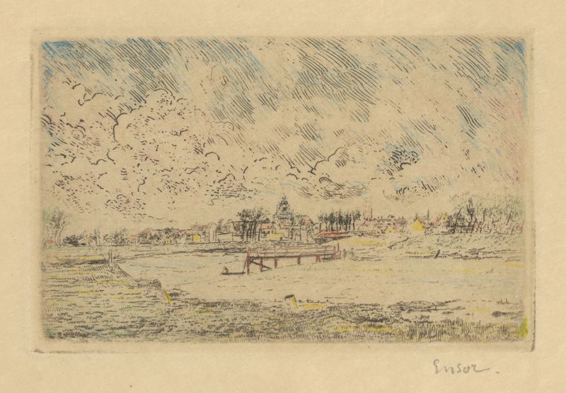 Zicht op Nieuwpoort de James Ensor, pintura a óleo que retrata um porto com estruturas distantes e um céu tranquilo.