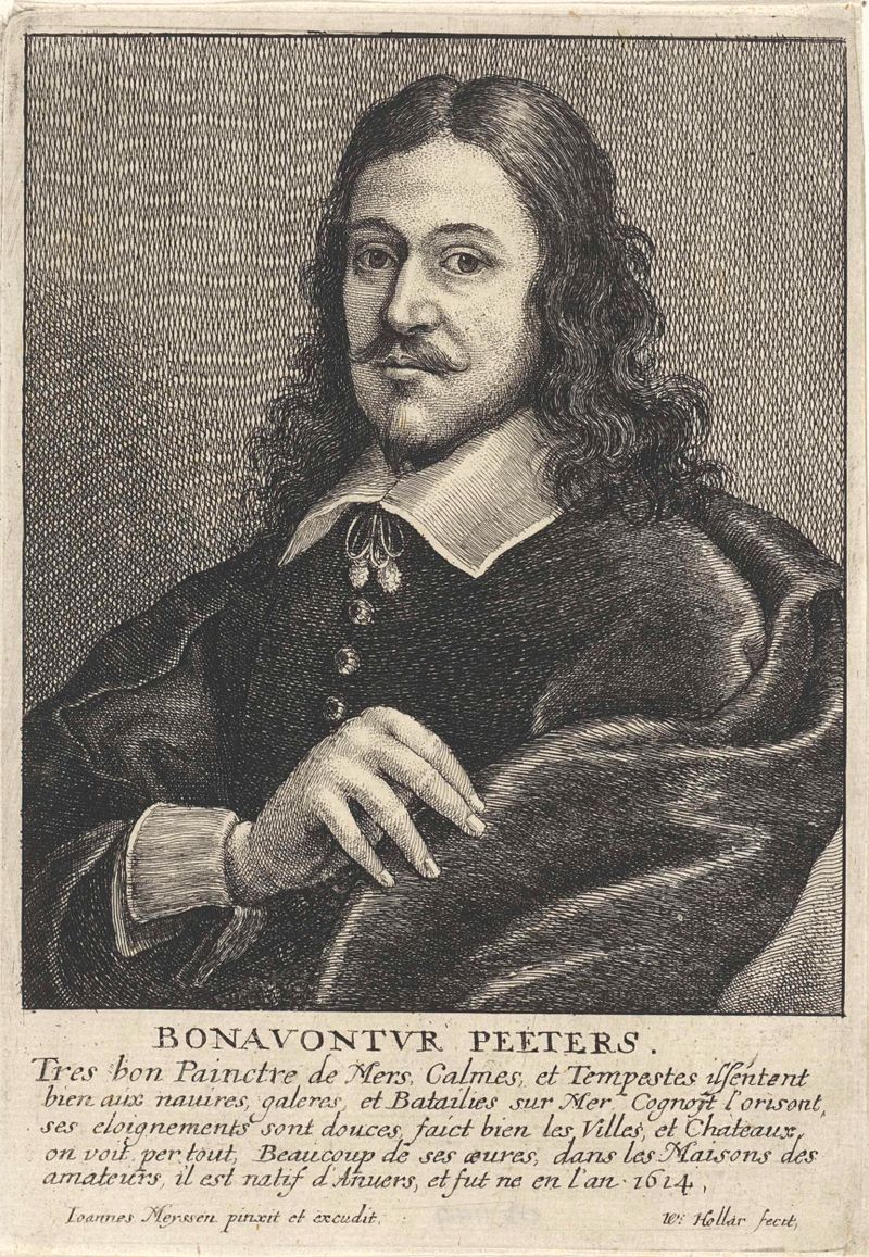 Gravura de Wenceslaus Hollar de Bonaventura Peeters de Oude, destacando trajes intrincados e expressão.
