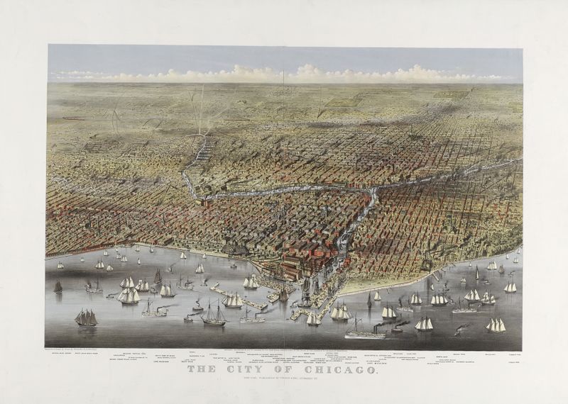 La Ciudad de Chicago litografía de Currier & Ives que representa el horizonte y la arquitectura