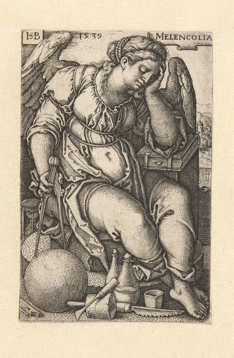 Grabado de Hans Sebald Beham que representa una figura contemplativa con atuendo sombrío.