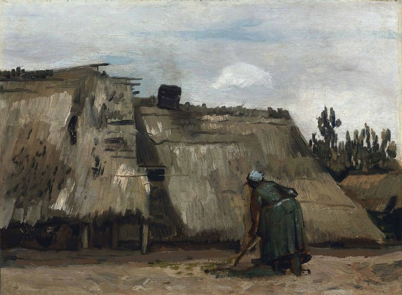 Una mujer campesina cavando frente a su cabaña, óleo sobre lienzo de Vincent van Gogh.