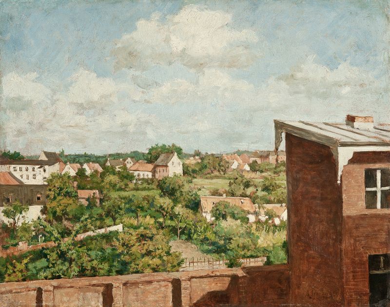 Landscape oil painting by August Jernberg featuring hills and trees under a bright sky.