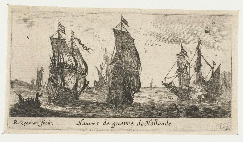 Tres barcos de guerra navegando en aguas tranquilas, grabado de Reinier Nooms