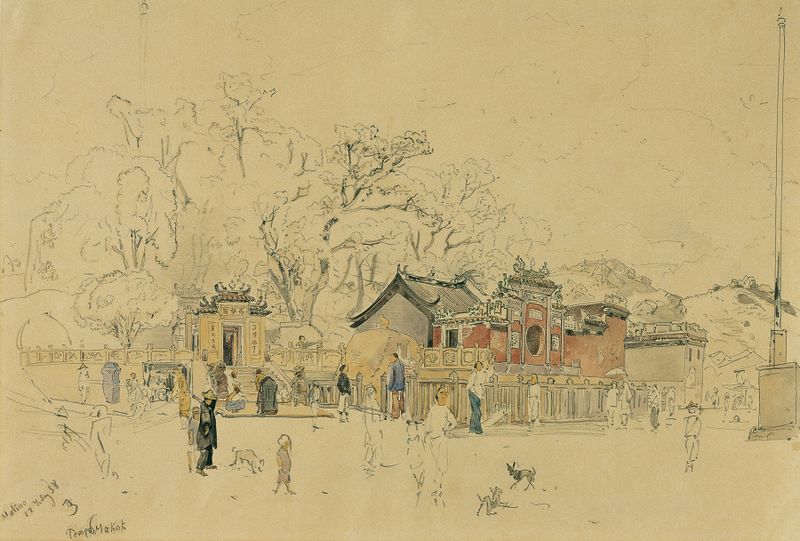 Landscape oil painting by Joseph Selleny depicting a temple on the Macao peninsula