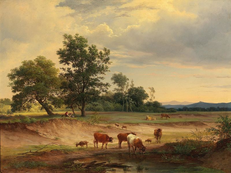 Open Landscape with Herdsman Resting near Mödling, oil on canvas by Josef Feid