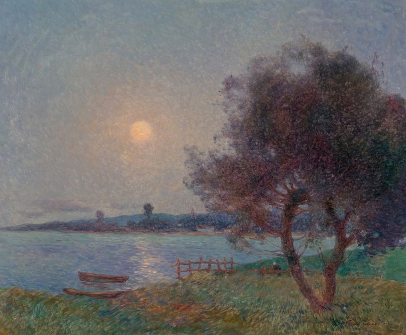 Landscape of a river under moonlight by Ferdinand du Puigaudeau, oil painting