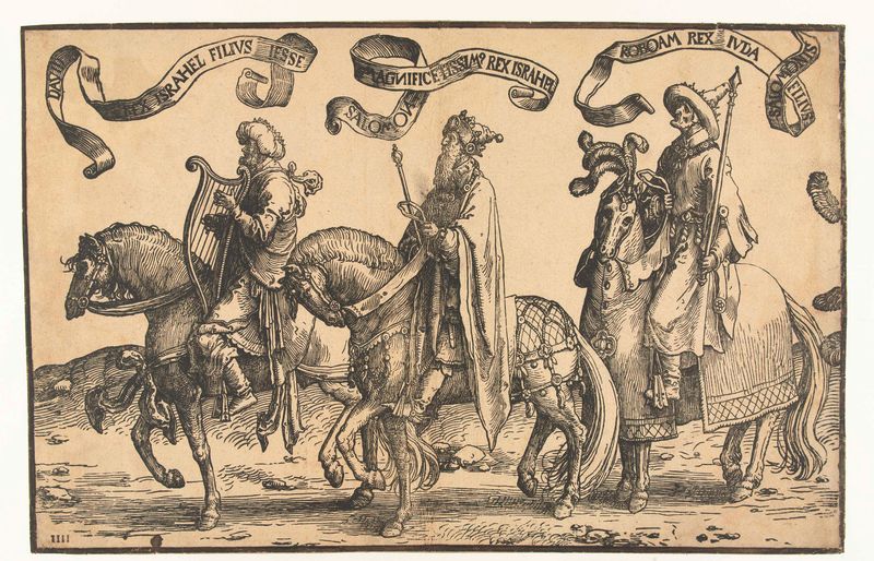 Cena religiosa com o Rei David, Salomão e Jeroboão, gravura de Lucas van Leyden
