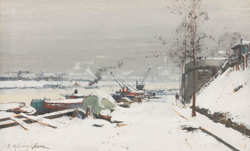 Paisaje invernal con camino cubierto de nieve de Eugène Galien-Laloue, óleo sobre lienzo