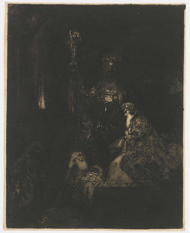 Gravura de Rembrandt van Rijn mostrando Simeão segurando Jesus no Templo.