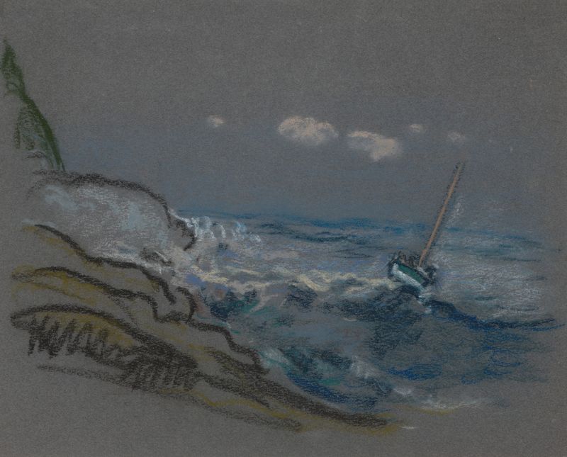 Barco en peligro en mar turbulento, óleo sobre lienzo de Arthur Bowen Davies