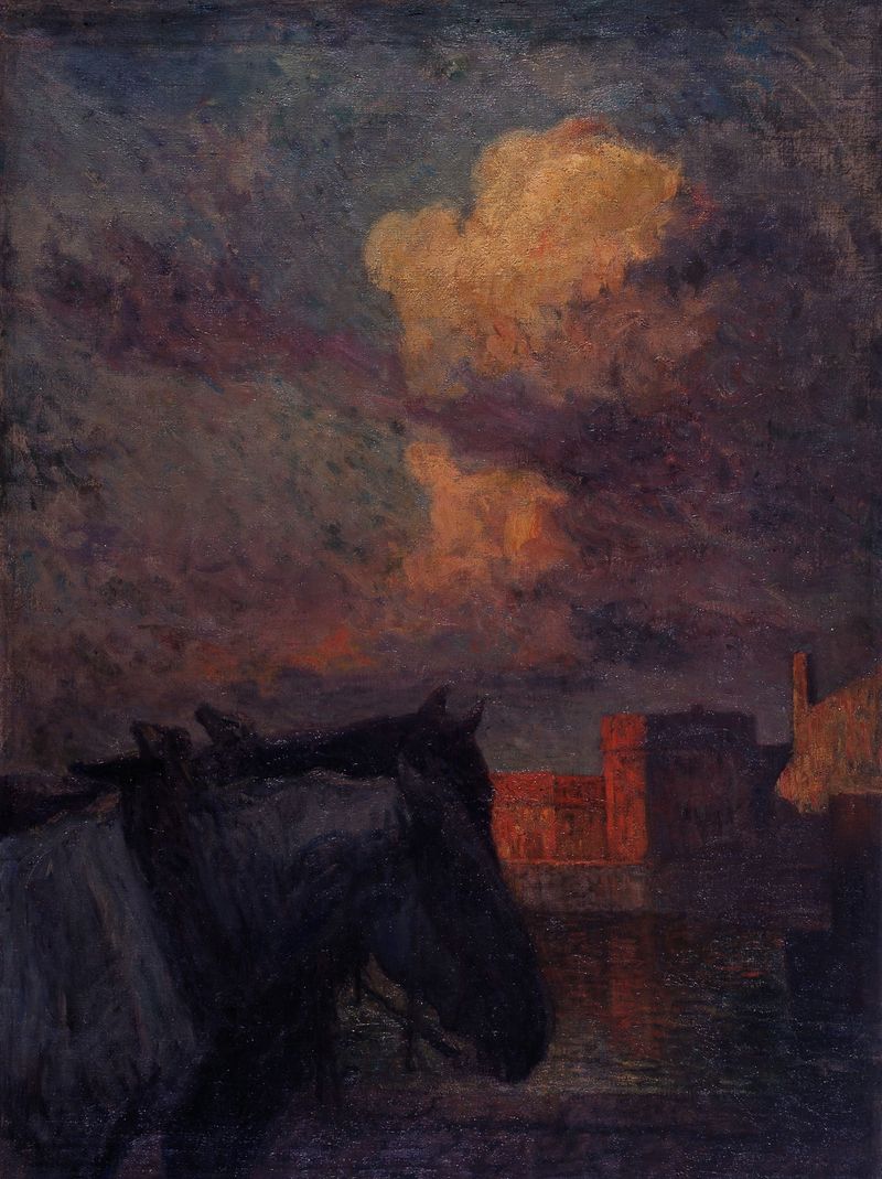 Evening Glow by Jean Delvin, oil on canvas, depicting a serene landscape at dusk.
