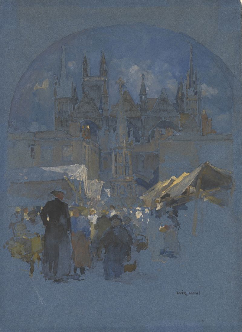 A Market Square before a Cathedral, pintura a óleo de Luigi Loir que retrata uma cena de mercado movimentada.