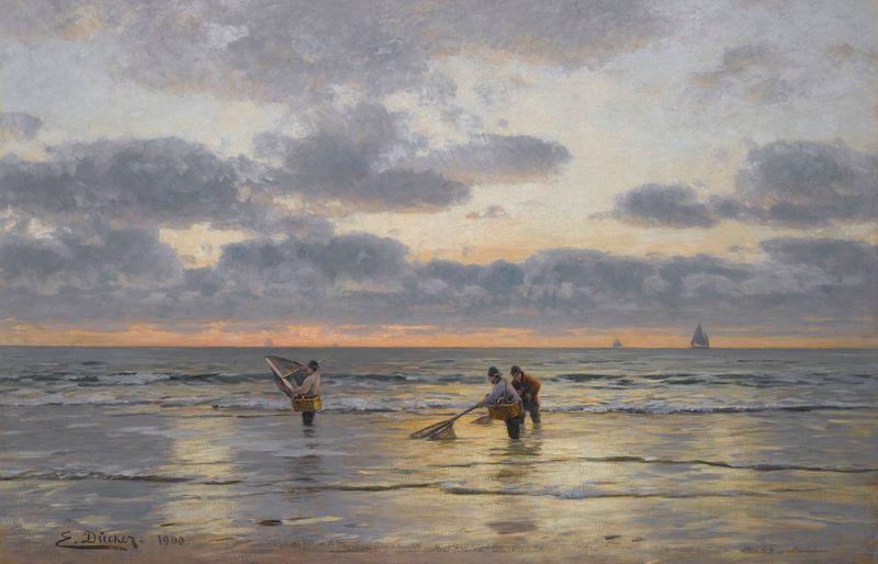 Fishing At Dawn, pintura a óleo de Eugen Gustav Dukker, retrata uma paisagem marinha serena ao amanhecer.
