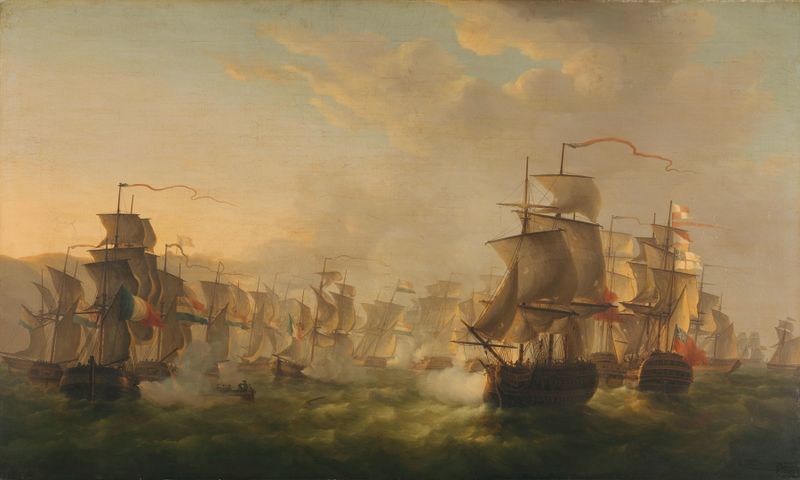 Naval battle scene with ships in conflict by Martinus Schouman, oil painting