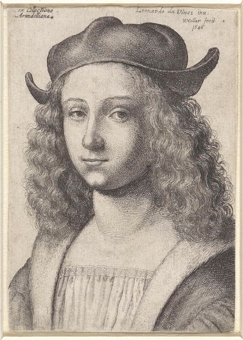 Retrato de um jovem com cabelo encaracolado e um chapéu, gravura de Wenceslaus Hollar