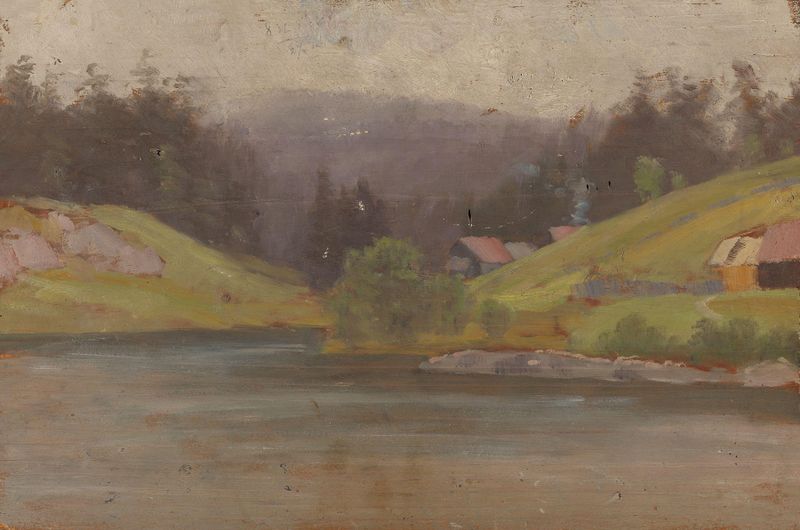 Paisaje que representa un río y un bosque, pintura al óleo de Jørgen Sørensen