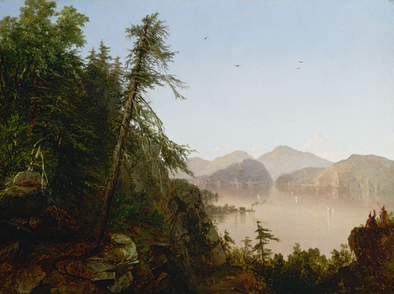 Along The Hudson de John Frederick Kensett, óleo sobre lienzo que representa un paisaje de río tranquilo