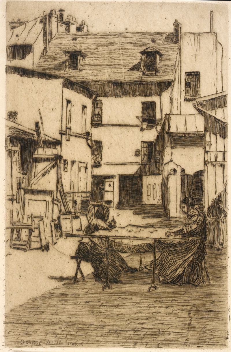 Two artisans creating a mattress in oil on canvas by George Charles Aid