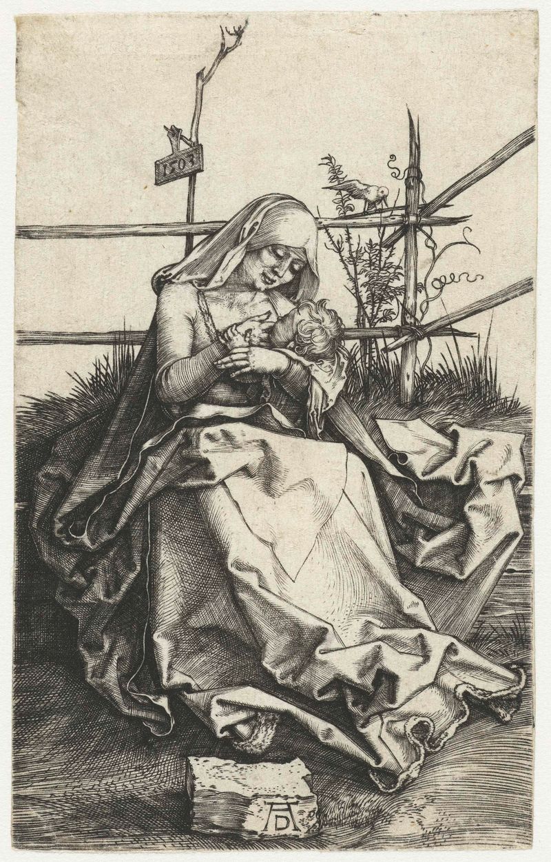 Maria met kind aan de borst bij een hek gravura de Albrecht Dürer mostrando uma mãe segurando uma criança ao lado de um po...