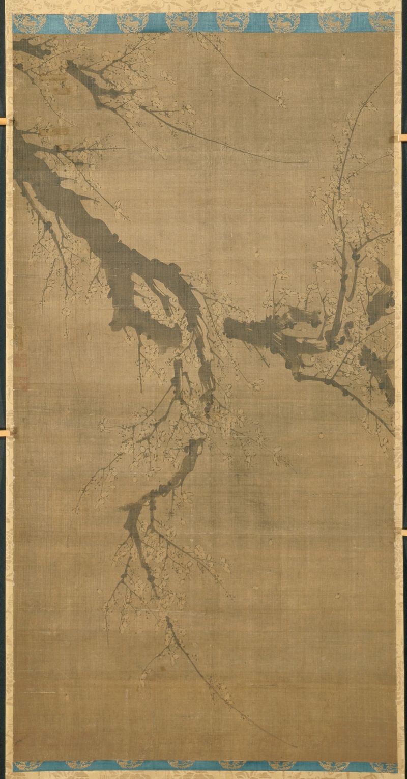 Tinta sobre papel de Peng Xu que representa flores de ciruelo en trazos delicados.