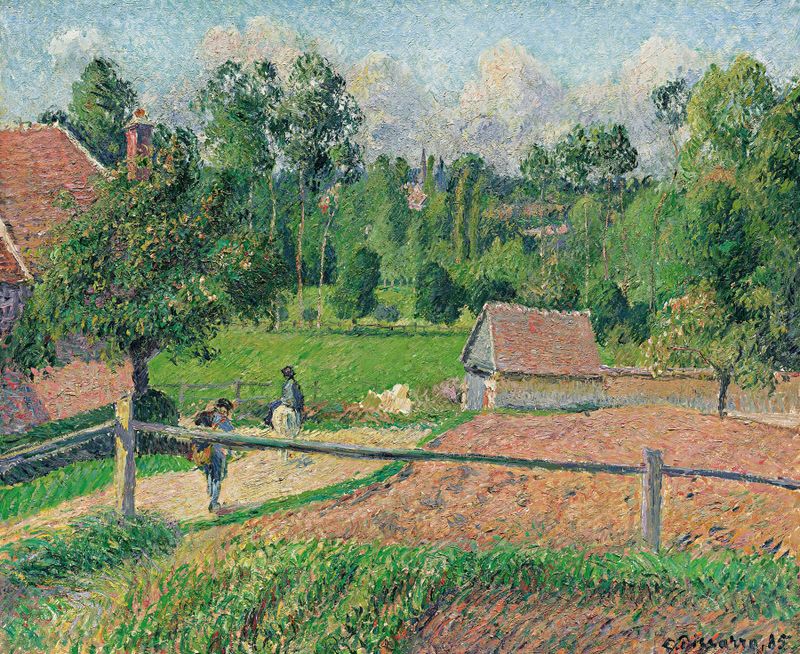 La Maison Delafolie À Eragny de Camille Pissarro, pintura a óleo de uma casa cercada por vegetação exuberante.