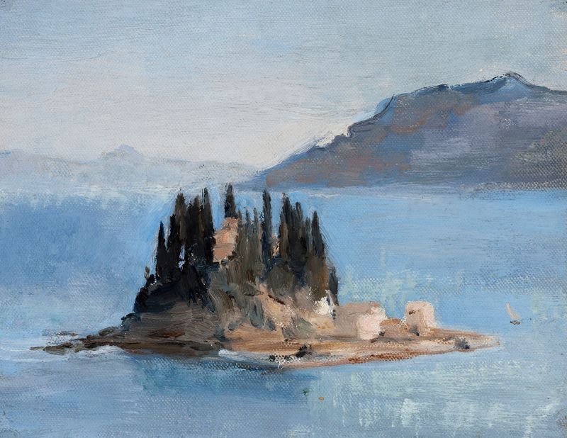 Corfu – Pontikonisi pintura a óleo de Jan Ciągliński retratando uma baía serena e colinas exuberantes