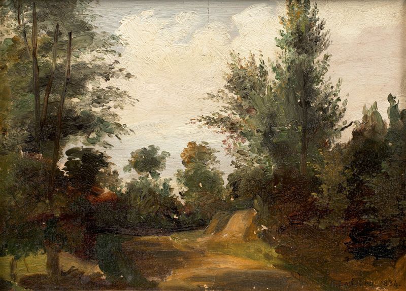 Paysage de sous-bois de Constant Lorichon, pintura a óleo que retrata uma cena de floresta exuberante.