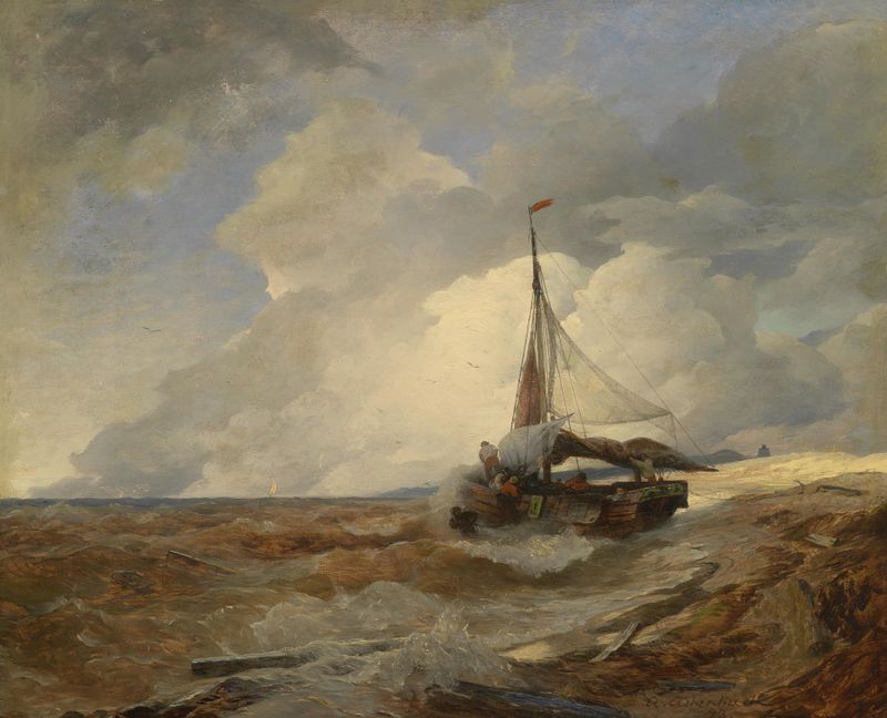 Fischerboot in Seenot de Andreas Achenbach, pintura al óleo de un barco de pesca en un mar tormentoso.