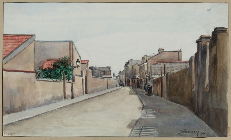 Rue des Morillons de F. Séguin, óleo sobre lienzo que representa una escena de calle al atardecer.