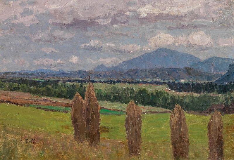 Uma paisagem com feixes de milho, óleo sobre tela de Alfred Zoff