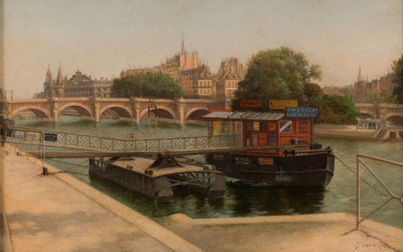Le Pont-Neuf vu du quai du Louvre, óleo sobre tela de Julien Hippolyte Féron, representando uma ponte ao entardecer.