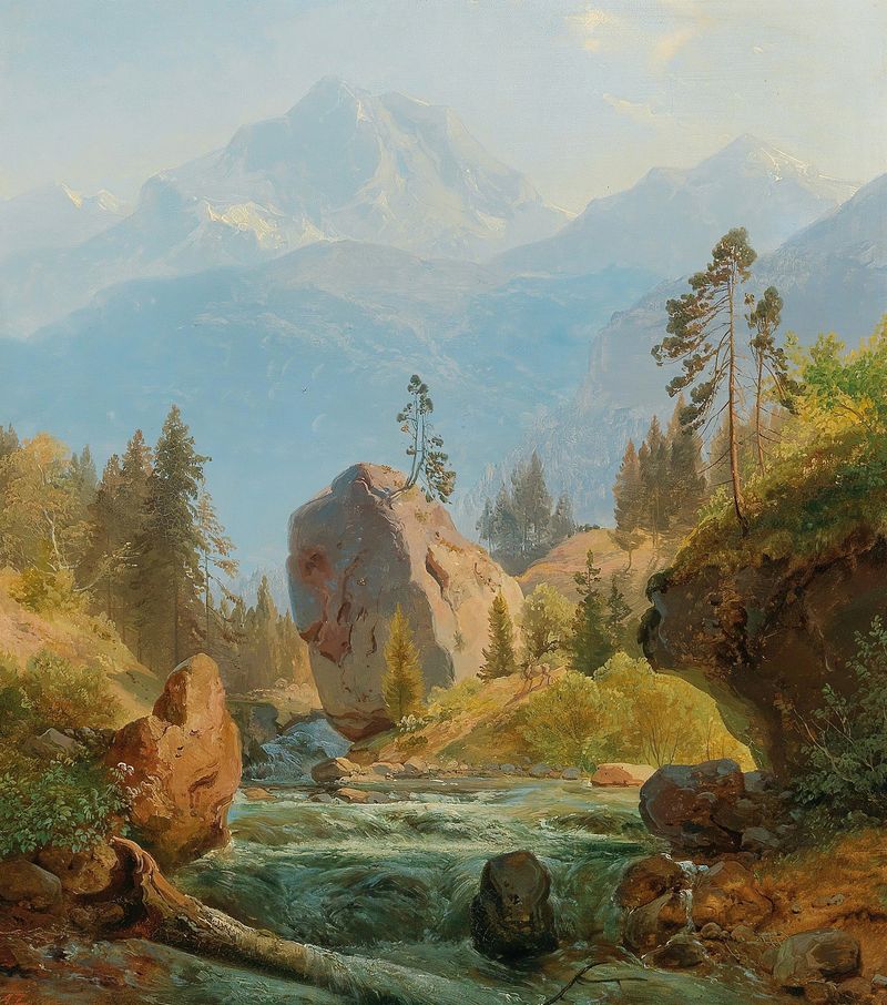 A Mountain Landscape With Creek by Albert Zimmermann, oil painting depicting mountains and a creek.