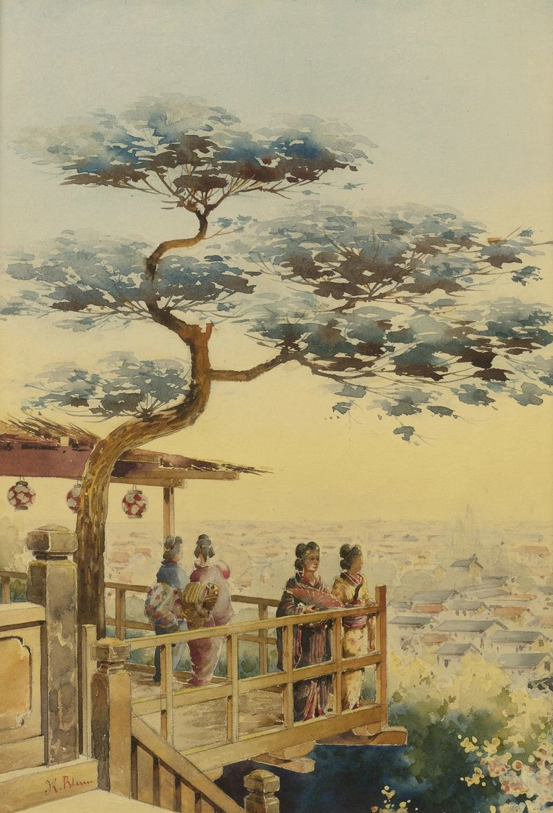Obra de arte tradicional japonesa que muestra flores de cerezo y cielo azul de Robert Frederick Blum